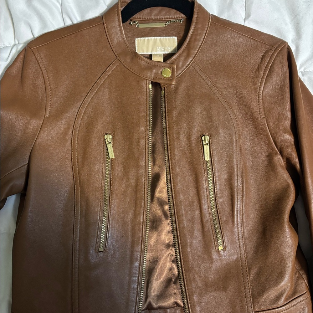 Michael Kors Brown Leather Jacket with Gold Zippers